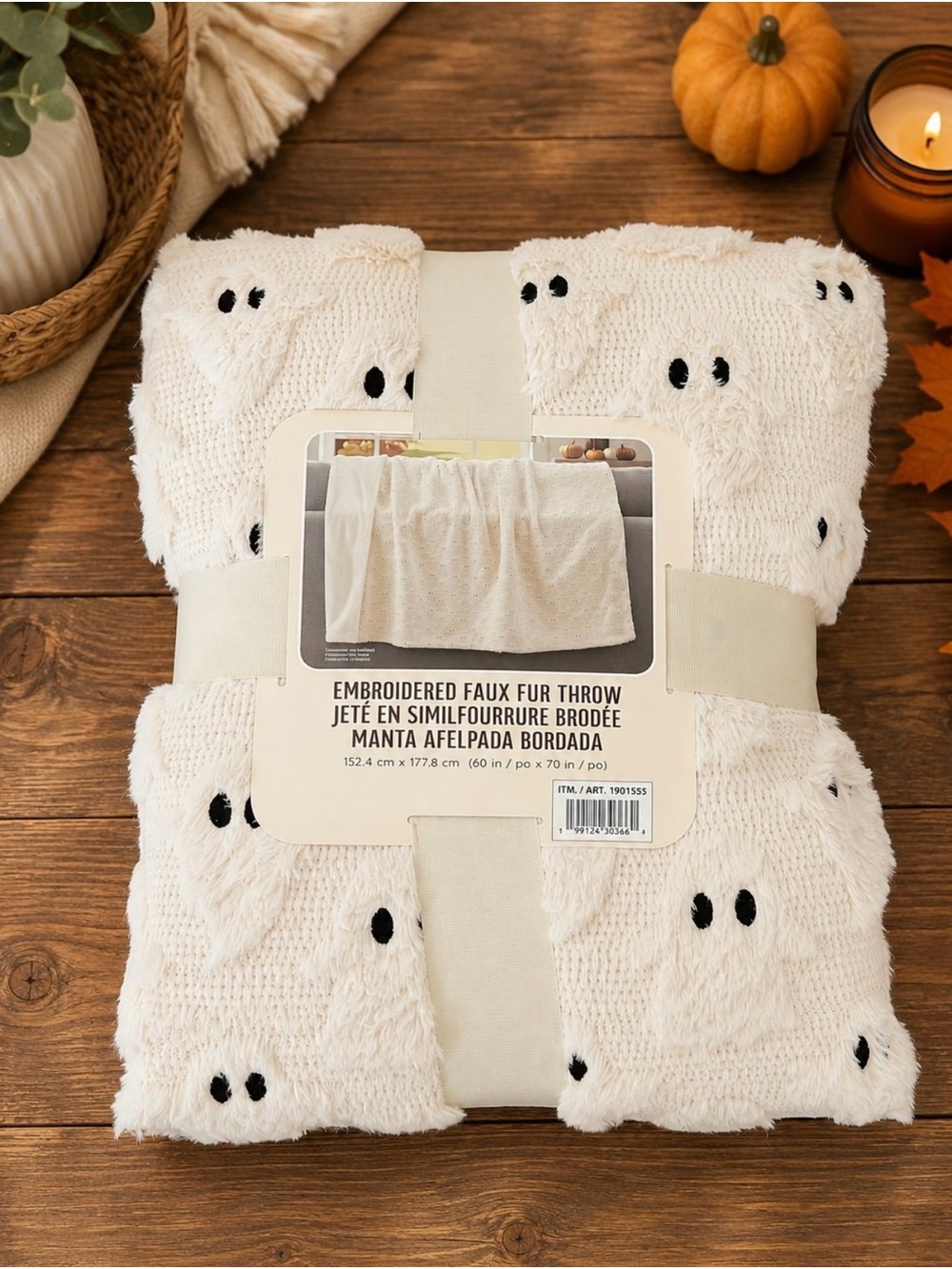 Embroidered Faux Fur Throw Blanket -Cream with Black Dot Accents Ghost Hallowee